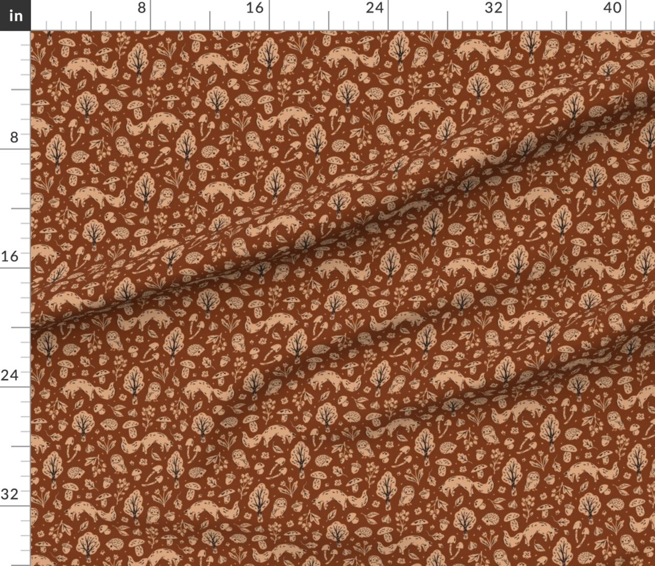 Leaves Hedgehogs Forest Woodland Owls Animals Autumn Fall Fox Botanical Acorns Burnt Orange Block Print Custom Printed Fabric by Spoonflower Various Fabrics by the Yard or Fat Quarter